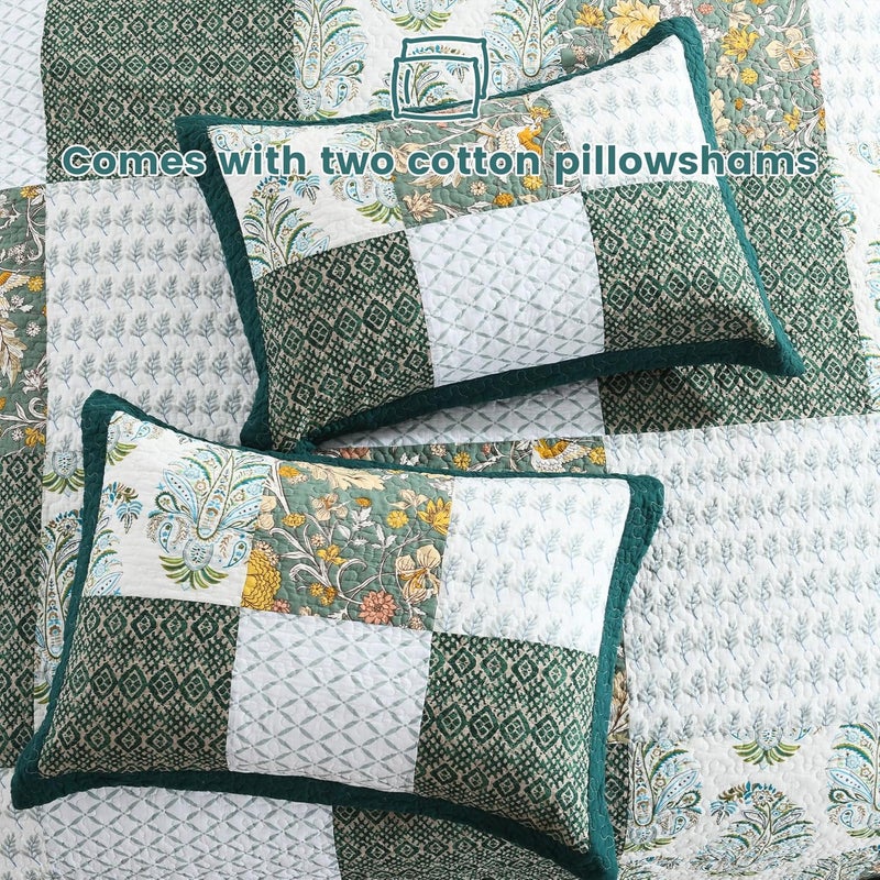 Secgo King Size Comforter Set- 100% Cotton Quilt King Size Set, Green, Emerald, bedspreads (98 * 106 Inch) with 2 Pillow Shams, Patchwork Reversible Lightweight Bedding - Image 5